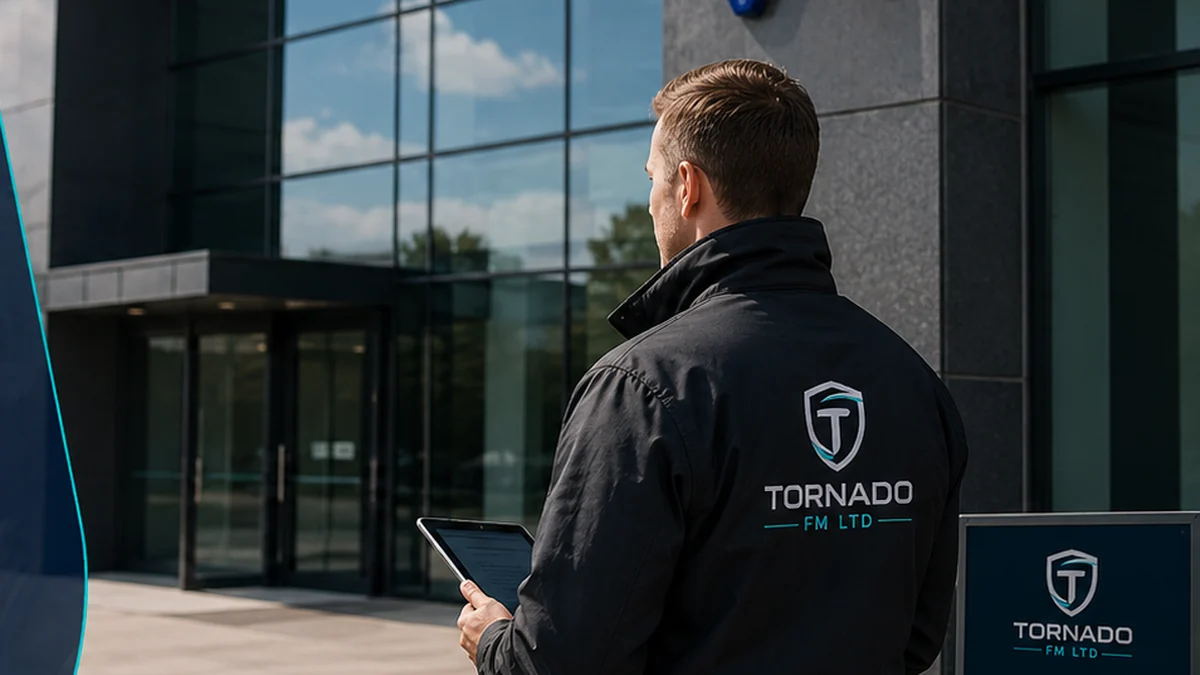 Security professional inspecting the exterior of a vacant commercial property