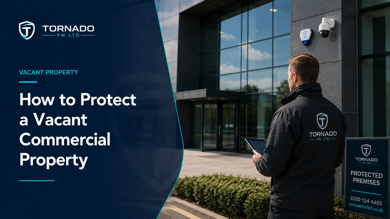 Security professional inspecting the exterior of a vacant commercial property