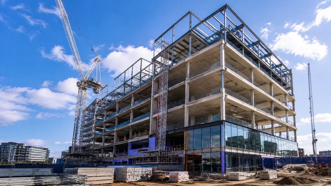 Active construction site with cranes and a multi-storey building frame.