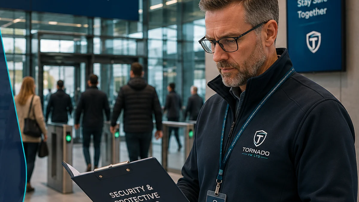 Reception security officer checking a visitor pass at commercial premises