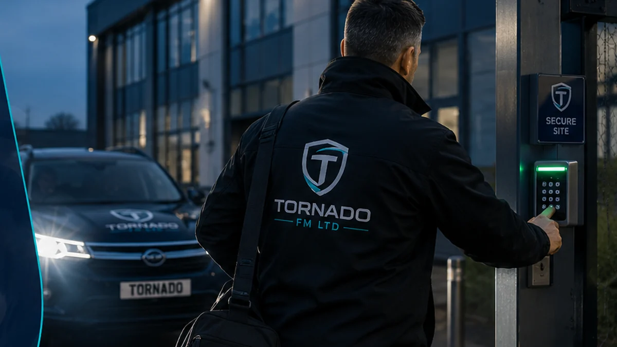 Mobile patrol officer and static security officer at a commercial site