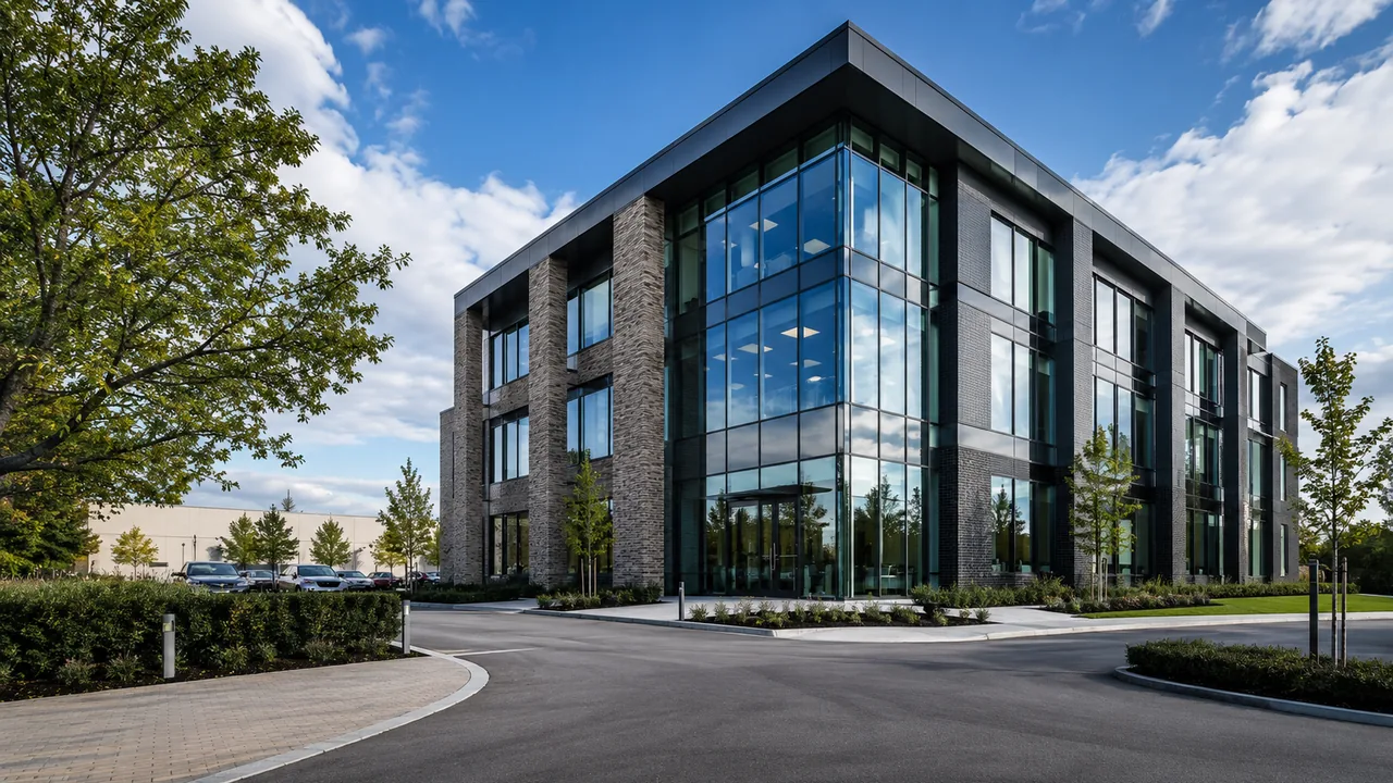 Modern commercial office building exterior with landscaped approach and glass façade.