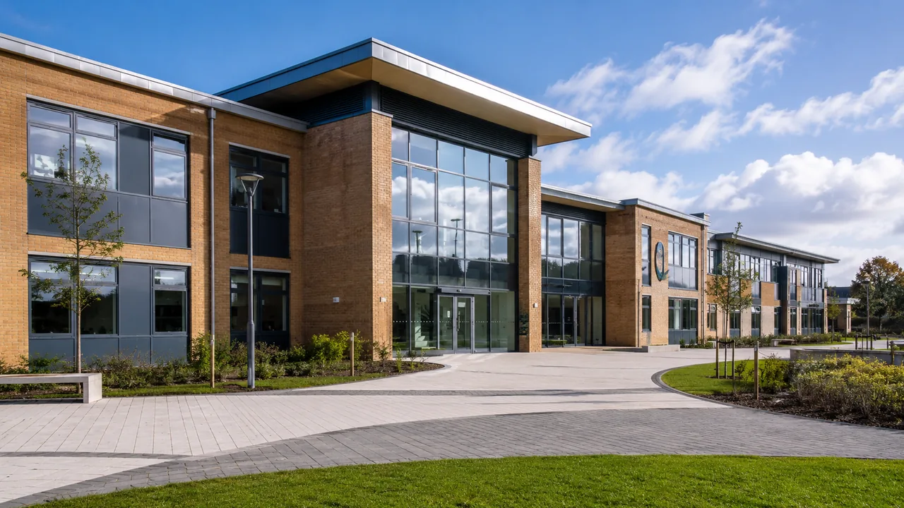 Contemporary education-style campus building with landscaped entrance and courtyard.