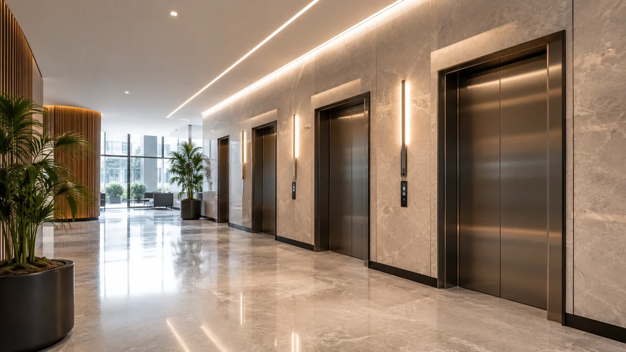 Modern interior lobby with lifts and polished finishes representing managed facilities.