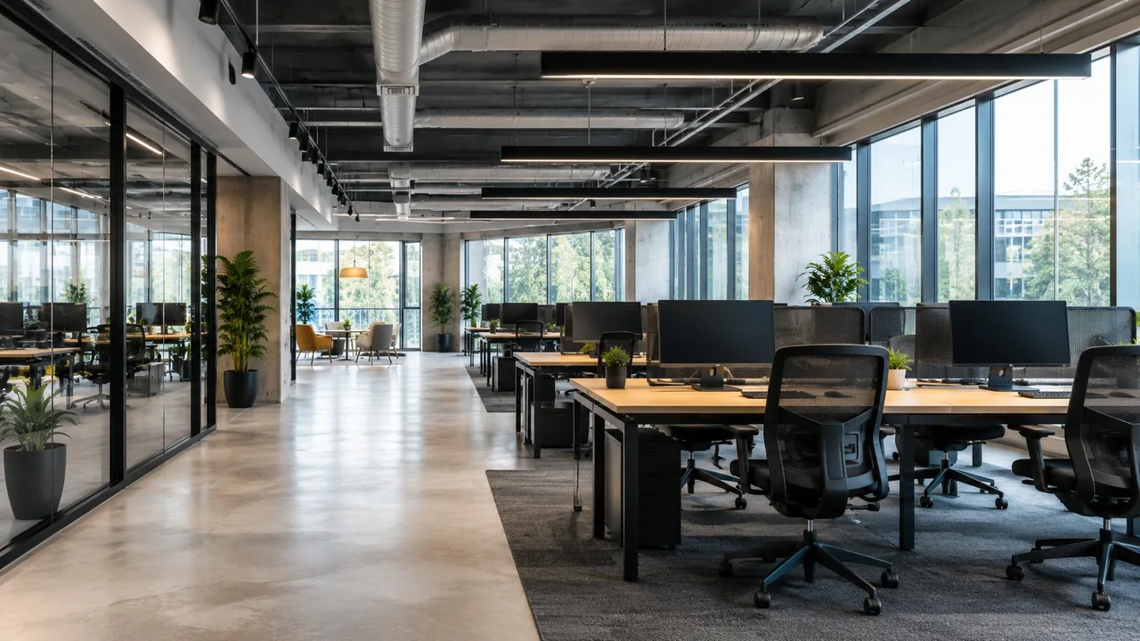 Modern office workspace interior with desks, glazing and planting.