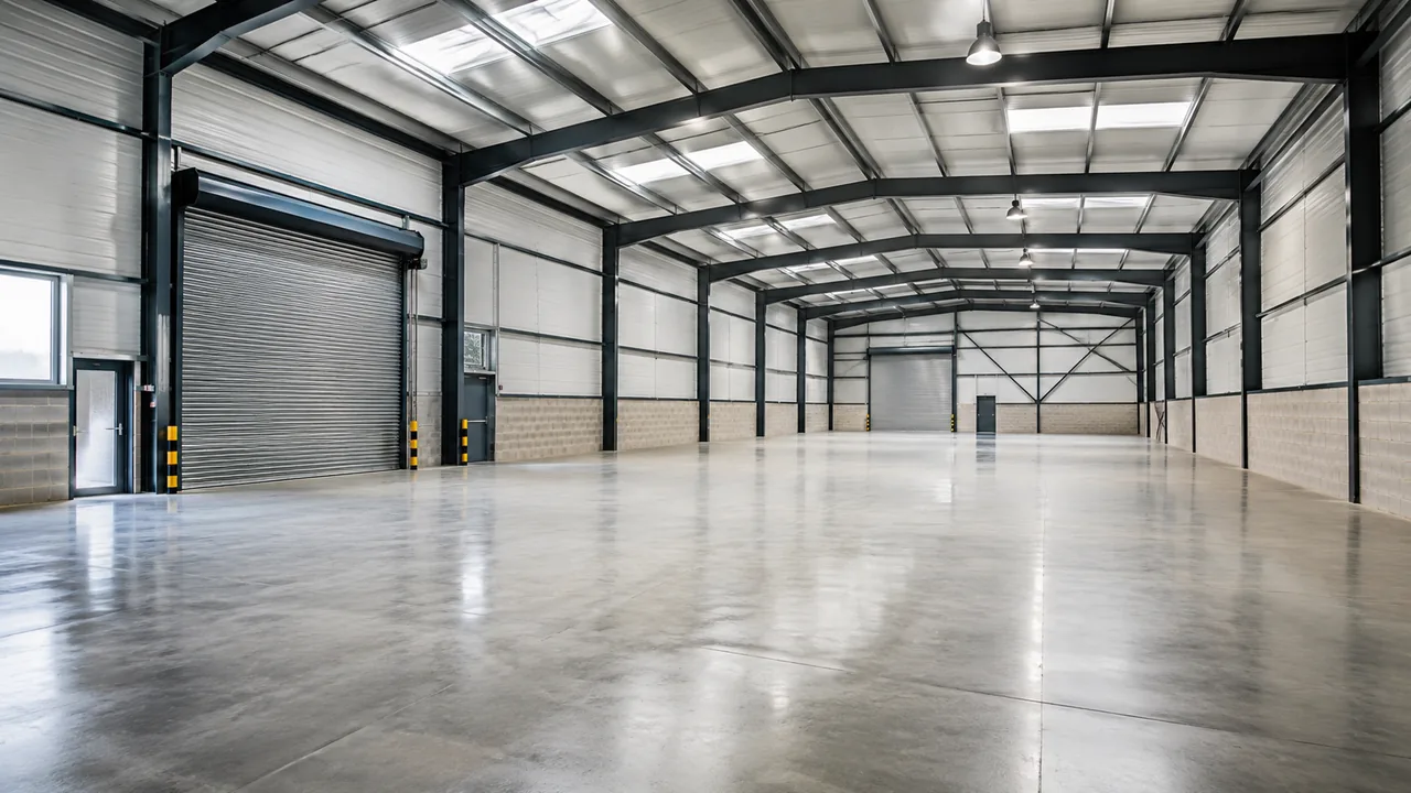 Clean empty warehouse interior representing a vacant commercial or industrial property.